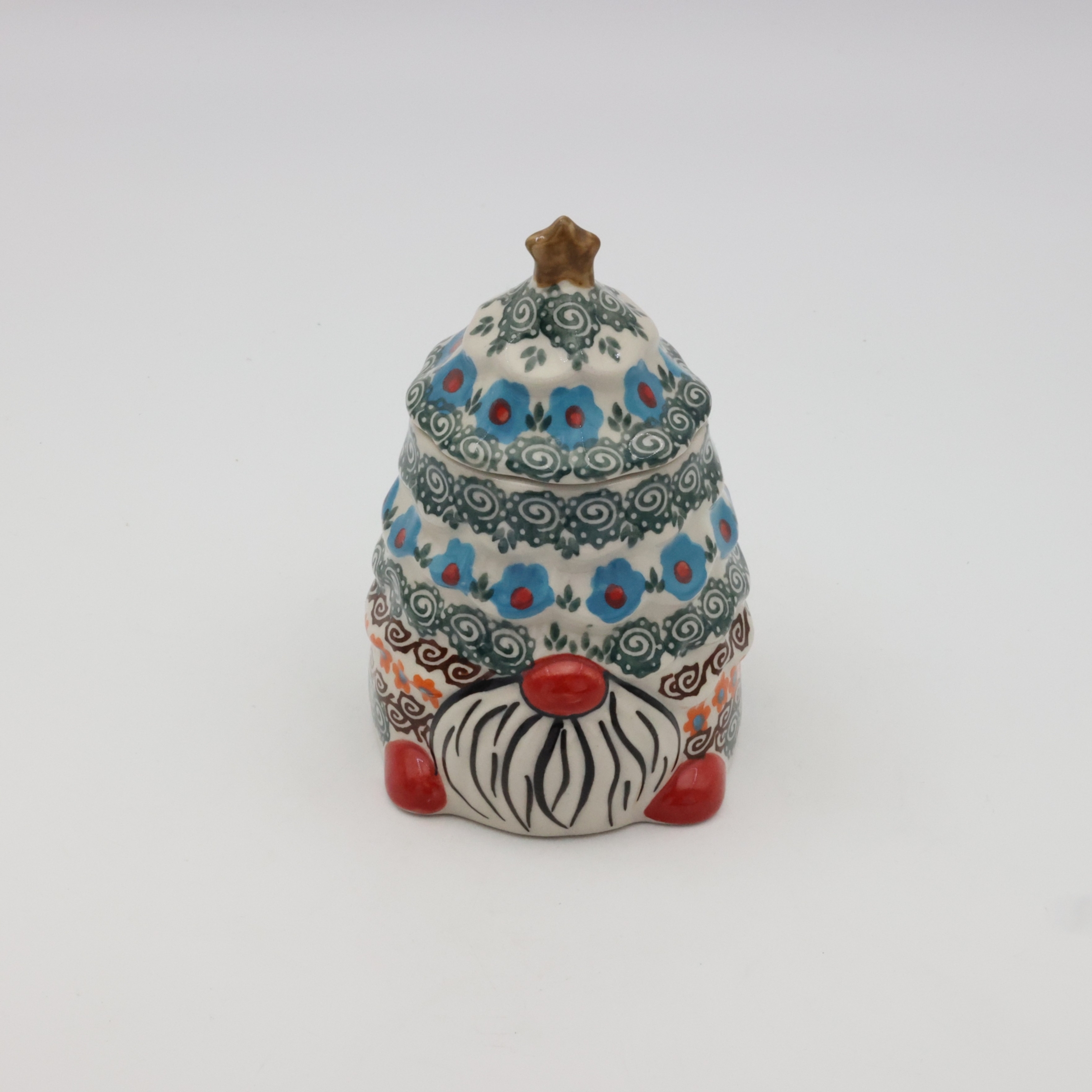 Ceramic container Gnome Christmas tree with lid A523 D62 – hand-painted Bolesławiec pottery in the shape of a gnome and Christmas tree, decorative and practical for storing small items or sweets.