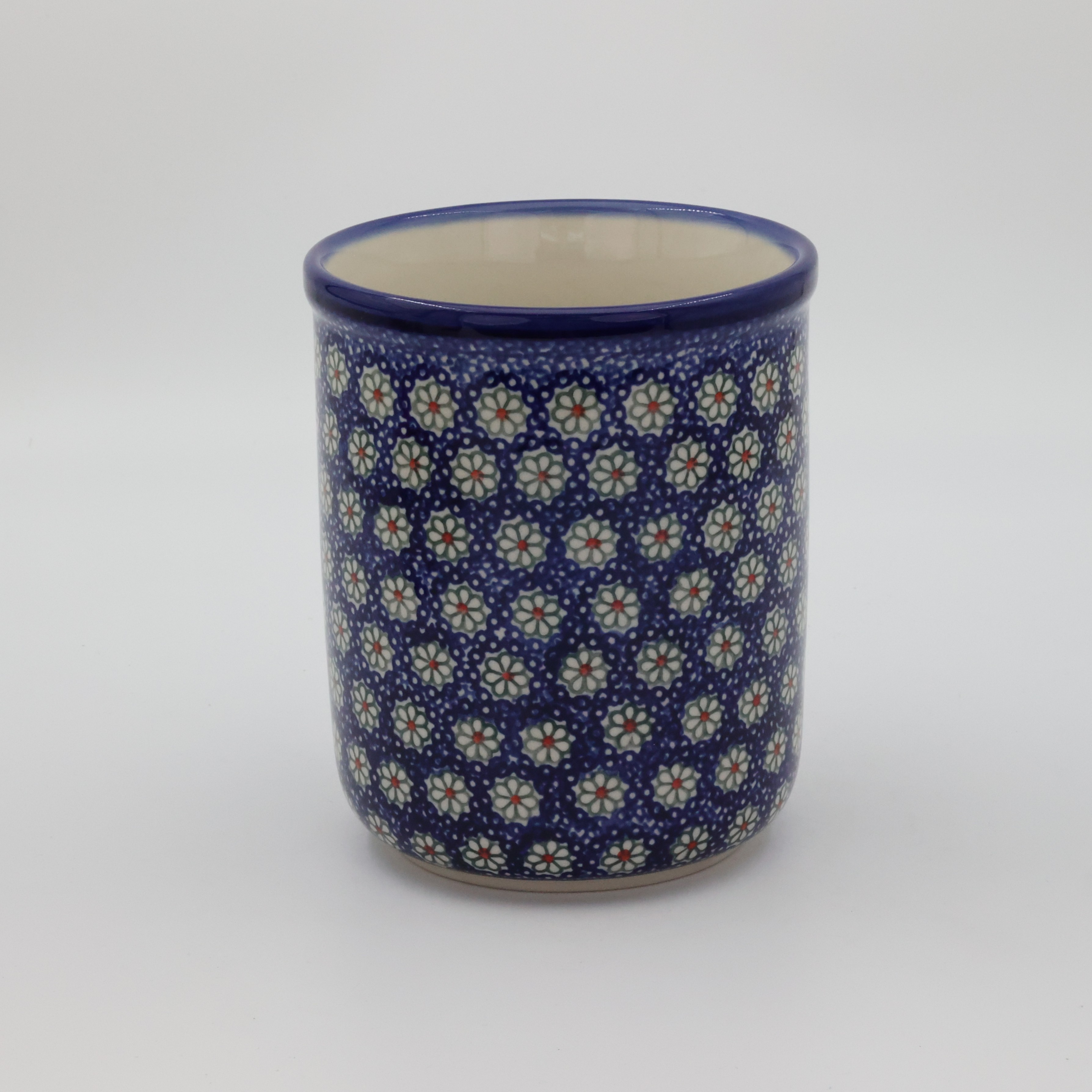 Large kitchen utensil holder A73 D65 – hand-painted Bolesławiec pottery, perfect for storing spoons, forks, and kitchen tools.