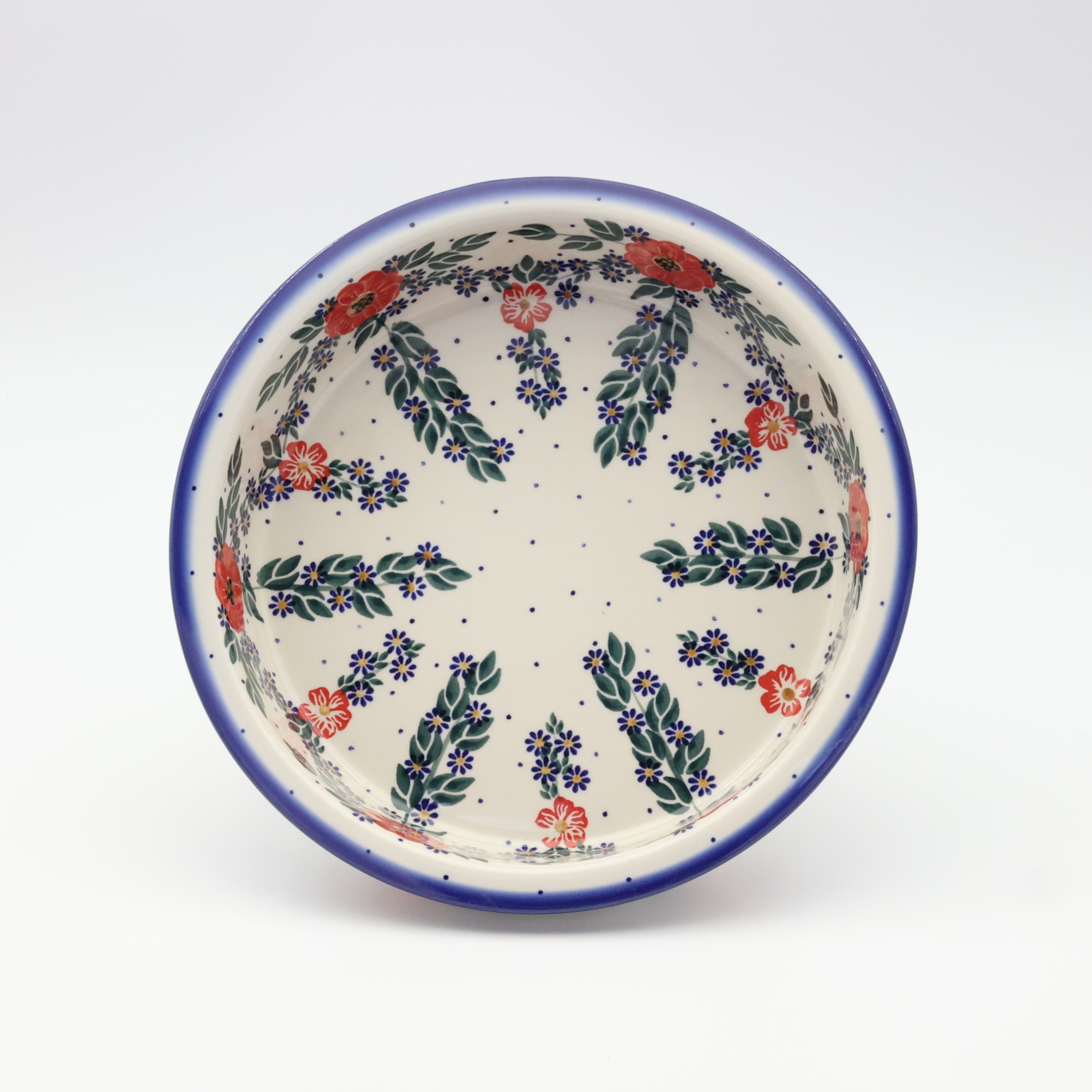 Round ceramic baking dish from Boleslawiec, authentic Polish pottery, hand painted stoneware cookware, handmade artisan ceramic dish for oven, microwave and dishwasher.