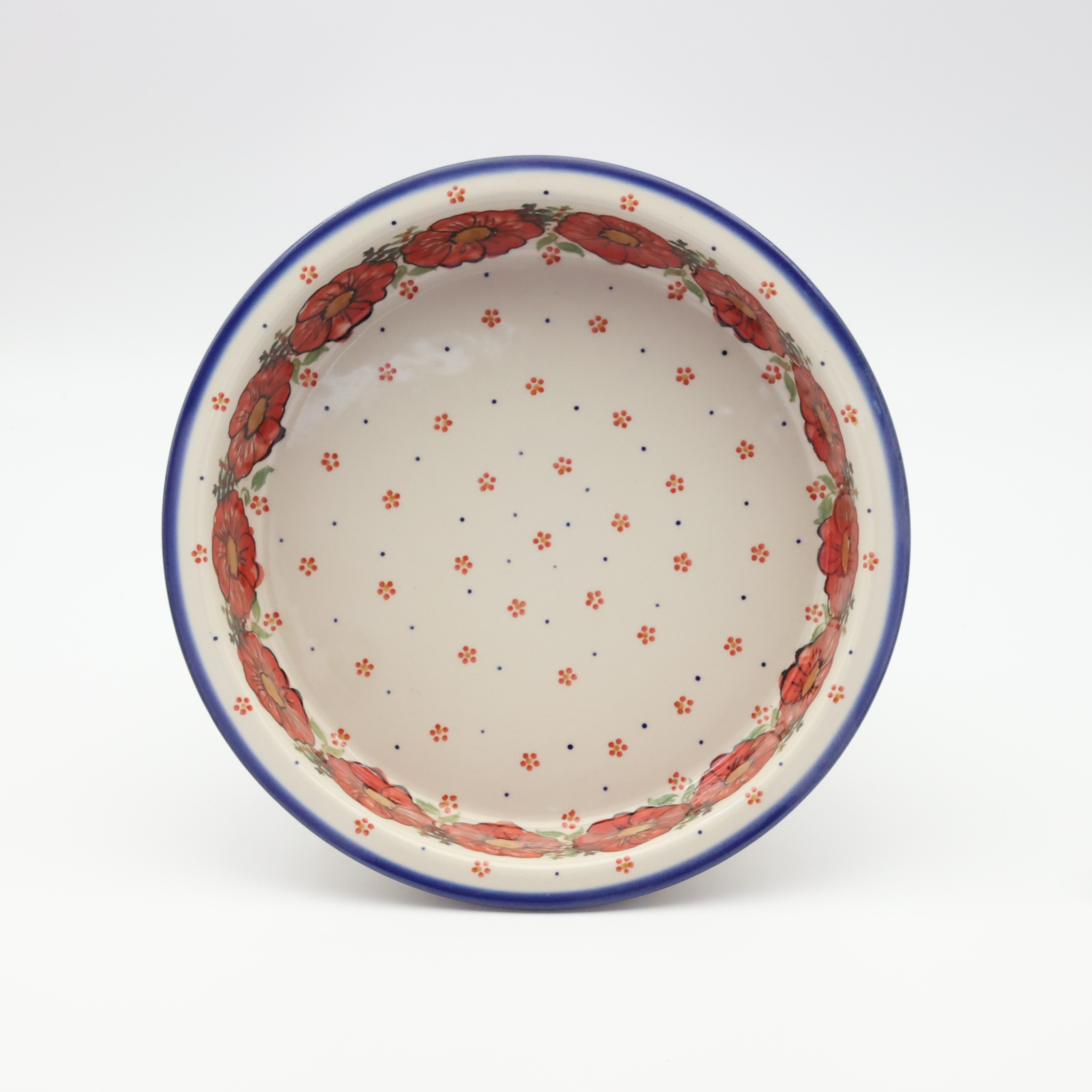 Round ceramic baking dish from Boleslawiec, authentic Polish pottery, hand painted stoneware cookware, handmade artisan ceramic dish for oven, microwave and dishwasher.